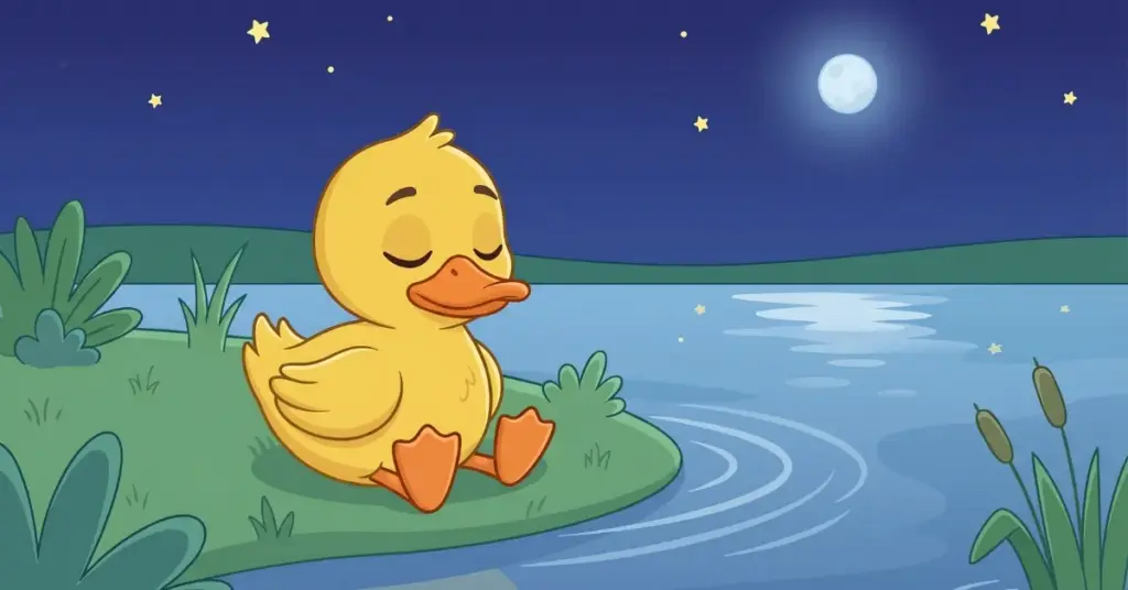 histórias infantis para dormir 3 anos patinho sentado à beira do lago à noite observando água calma sob céu estrelado, cena relaxante para ajudar crianças a dormir melhor