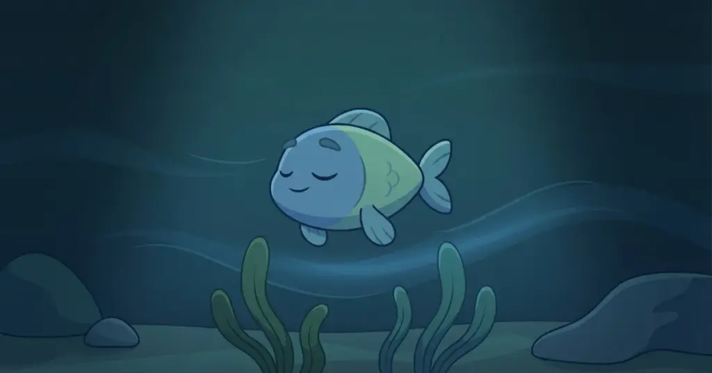 histórias infantis para dormir 3 anos peixinho nadando devagar em água calma no lago à noite, cena tranquila que ajuda crianças a relaxar e dormir melhor