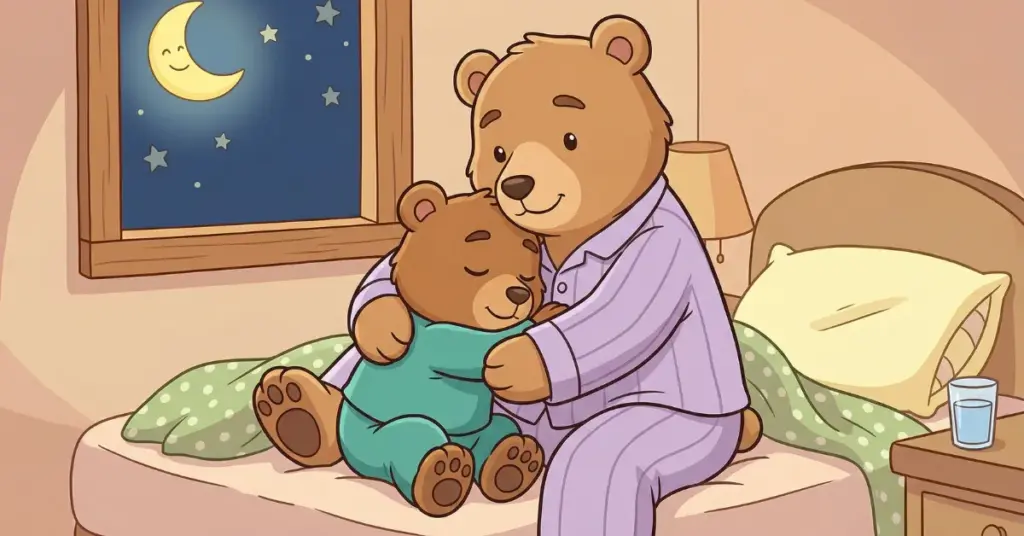 histórias infantis para dormir 3 anos ursinho sendo abraçado pela mãe na cama à noite, cena de carinho e aconchego que ajuda crianças a relaxar e dormir melhor