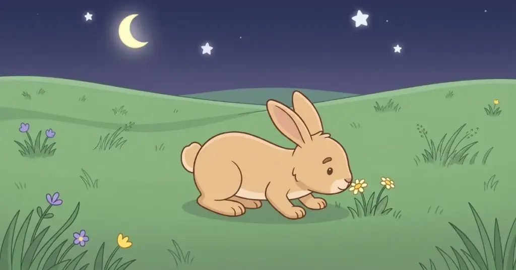 histórias infantis para dormir 4 anos coelhinho cheirando flor à noite campo tranquilo céu com estrelas momento calmo relaxamento infantil para dormir melhor
