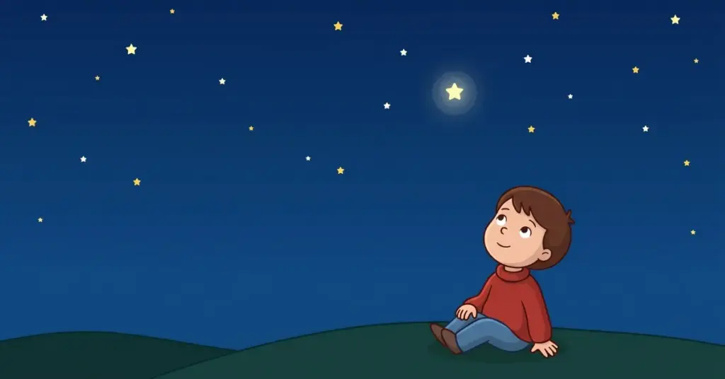 histórias infantis para dormir 4 anos menino olhando estrela brilhante no céu noturno momento calmo aprendizado infantil sobre confiança e brilho próprio