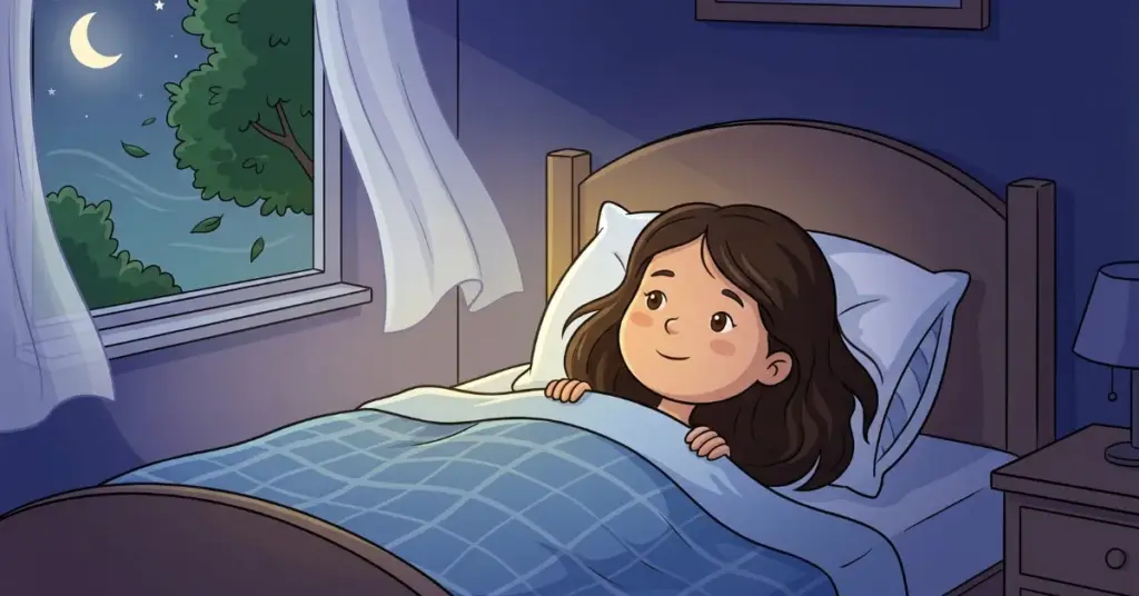 histórias infantis para dormir 4 anos menina na cama ouvindo o silêncio do quarto noite tranquila janela com lua e vento relaxamento infantil e sensação de segurança