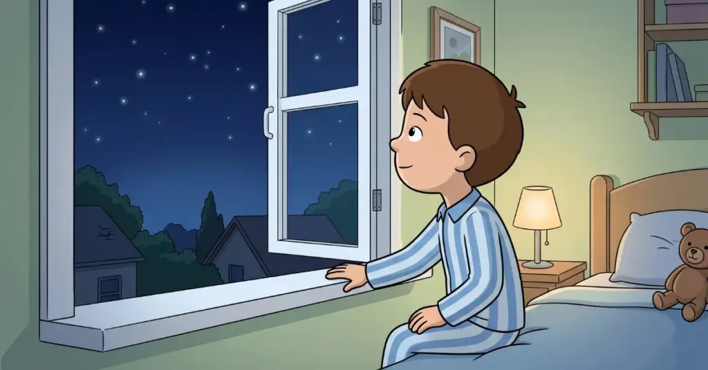 histórias infantis para dormir 4 anos menino olhando céu estrelado pela janela quarto infantil noite tranquila relaxamento calma antes de dormir criança observando estrelas