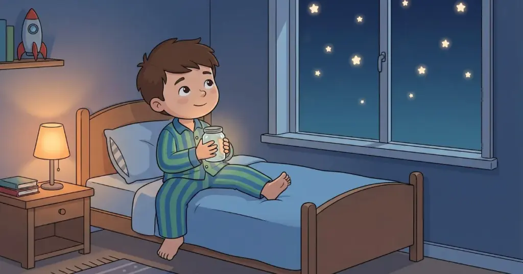 histórias infantis para dormir 5 anos menino olhando estrelas pela janela quarto infantil noite tranquila criança segurando pote com luz relaxamento e imaginação antes de dormir