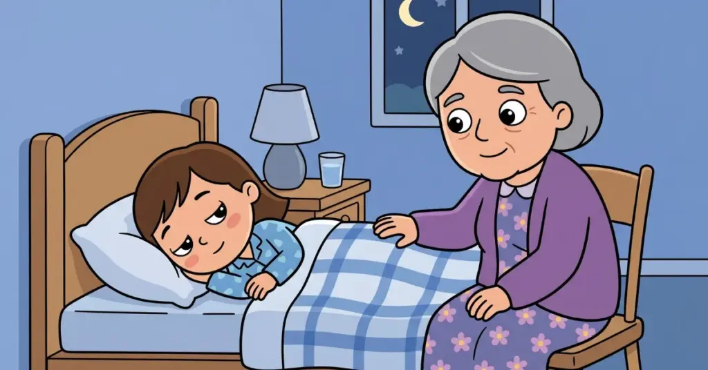 historinha infantil menina travesseiro dormir criança deitada na cama com avó quarto noturno acolhedor rotina de sono calma