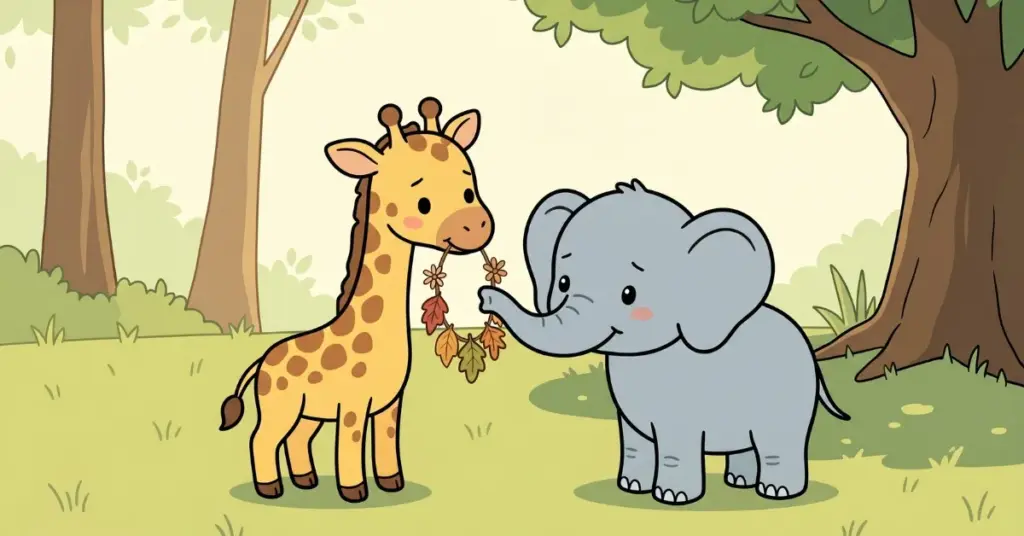 Imagem fofa de história infantil: girafinha amarela com manchas entrega colar de folhas coloridas (laranja, amarelo) para elefanta cinza em clareira de floresta com árvores e grama verde, simbolizando amizade pelo presente carinhoso.