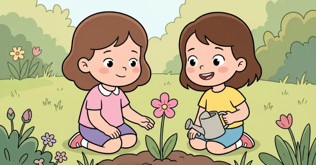 Ilustração da história infantil 'A Menina e a Flor para Duas': Clara e Sofia, meninas de cabelos castanhos ajoelhadas em um jardim florido, admiram juntas uma flor rosada delicada com perfume suave, uma regando com regador cinza e a outra ajeitando a terra, cercadas de flores coloridas, plantas verdes e colinas ao fundo, simbolizando gentileza e amizade compartilhada.