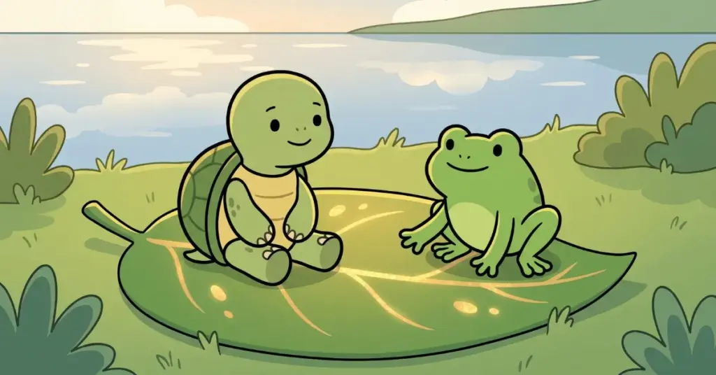 Ilustração da história infantil 'A Tartaruguinha e a Folha Dividida': Lia, a tartaruguinha verde-oliva com casco escuro, e Beto, o sapinho verde com manchas escuras, sentados juntos em uma grande folha macia com veias douradas à beira de um lago calmo, grama verde e arbustos ao fundo, transmitindo a alegria de dividir momentos com amigos.