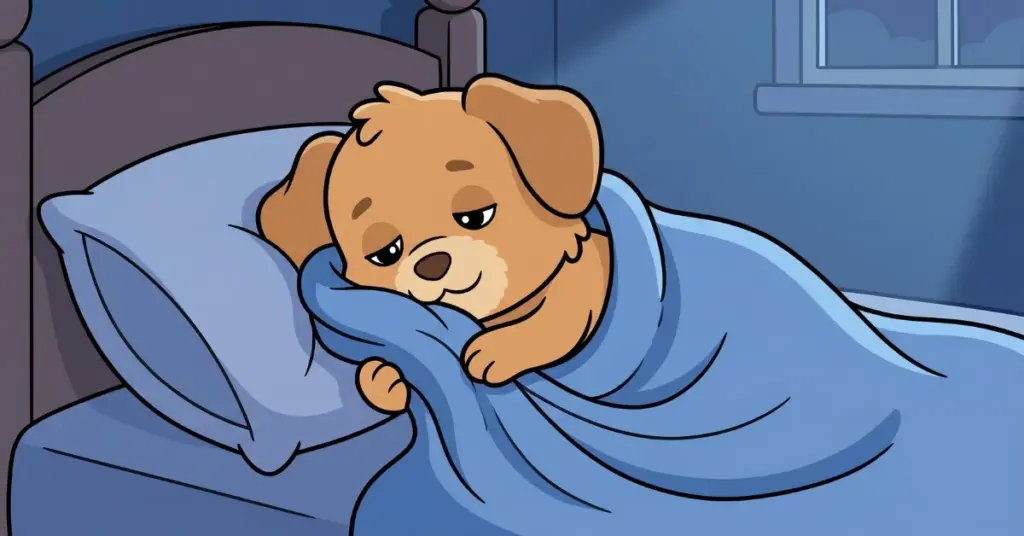 Histórias infantis 3 anos cachorrinho dormindo abraçado ao cobertor azul cama confortável quarto silencioso e história infantil relaxante para acalmar antes de dormir