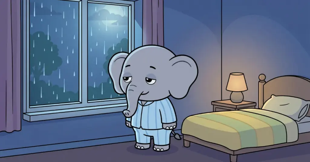 Histórias infantis 3 anos elefantinho ouvindo chuva pela janela durante a noite quarto infantil tranquilo som da chuva relaxante e história infantil calma para dormir