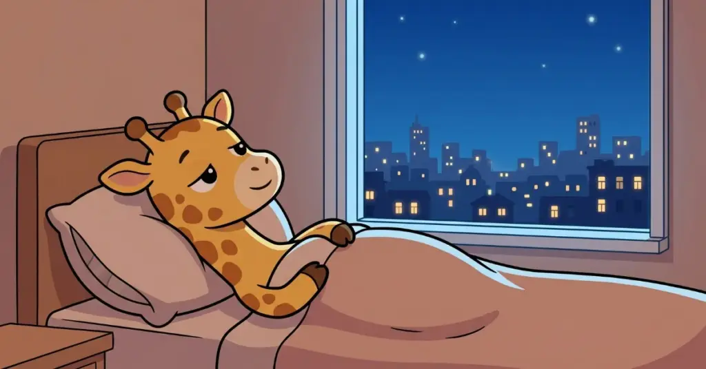 girafinha olhando luzes da cidade pela janela quarto aconchegante noite silenciosa e história infantil suave para acalmar crianças antes de dormir