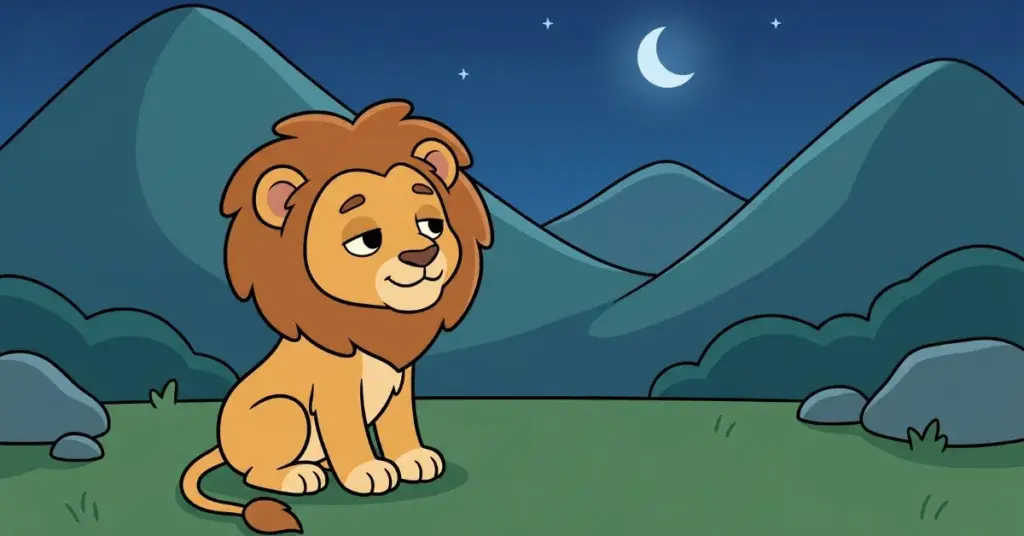 Histórias infantis 3 anos leãozinho observando montanhas durante a noite céu estrelado lua brilhando e história infantil calma para relaxar antes de dormir