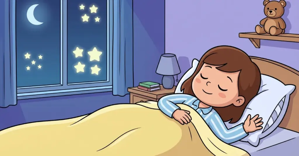 Histórias infantis 3 anos menina imaginando estrelas brilhando no céu antes de dormir quarto infantil aconchegante noite tranquila e história leve para relaxar crianças