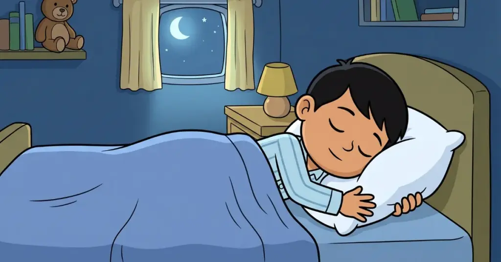 Histórias infantis 3 anos menino abraçando travesseiro esperando o sono chegar quarto infantil aconchegante noite calma e história relaxante para dormir
