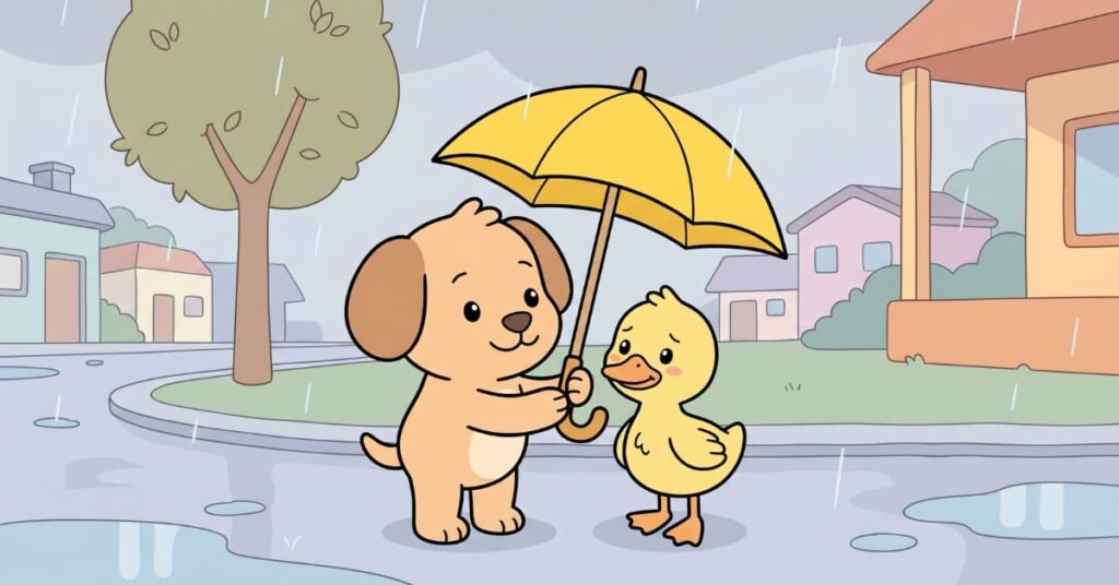 Ilustração da história infantil 'O Cachorrinho e o Guarda-Chuva Amarelo': Max, o cachorrinho bege alegre com orelhas marrons segurando um guarda-chuva amarelo brilhante para proteger um patinho pequeno amarelo com bico laranja de uma chuva fina em rua suburbana com poças, casas coloridas, árvore e céu nublado, transmitindo amizade protetora.