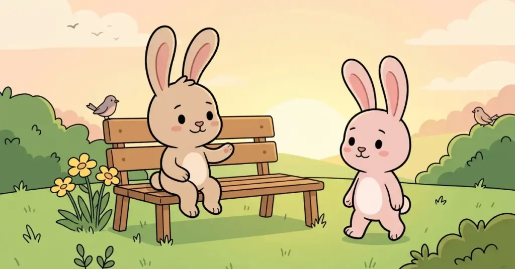 Ilustração da história infantil 'O Coelhinho que Guardou um Lugar no Banco': Téo, o coelhinho bege sentado em um banco de madeira no jardim florido com flores amarelas, convida Nina, a coelhinha rosa, para se juntar a ele, deixando um espacinho livre. Fundo sereno com grama verde, arbustos e pássaros, transmitindo amizade e gentileza.