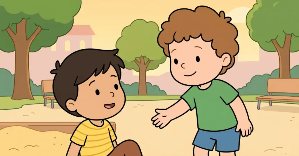 Ilustração da história infantil 'O Menino que Chamou para Brincar': menino de cabelo ondulado castanho em camisa verde estendendo a mão para convidar amigo de cabelo preto em camisa amarela listrada sentado na caixa de areia de parque com bancos, árvores verdes e edifício distante, simbolizando inclusão que muda o dia.
