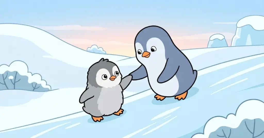 Ilustração da história infantil 'O Pinguim que Voltou para Buscar o Amigo': Pipo, o pinguim pequeno cinza fofo, e Nuno, o pinguim maior azul-ardósia de peito branco segurando nadadeiras em um caminho nevado entre colinas geladas sob céu azul claro ao entardecer, representando amizade leal que apoia e não deixa ninguém para trás.