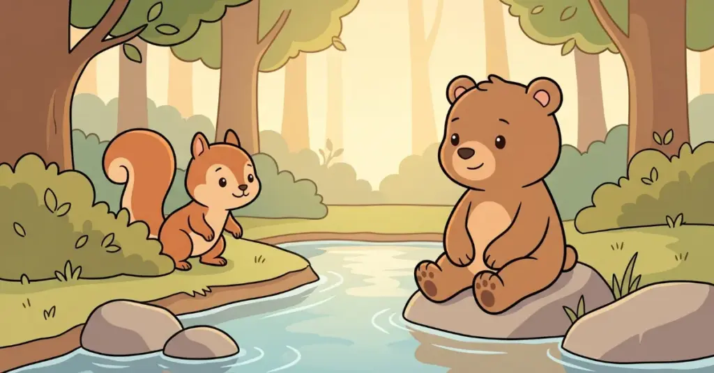 Ilustração da história infantil 'O Ursinho que Esperou sem Ir Embora': Nico, o urso marrom com peito claro sentado em uma pedra lisa à beira de um riacho calmo, olha com paciência para Davi, o esquilo marrom de rabo fofo, em um bosque sereno com árvores, arbustos verdes e água fluindo, simbolizando amizade leal e compreensão.