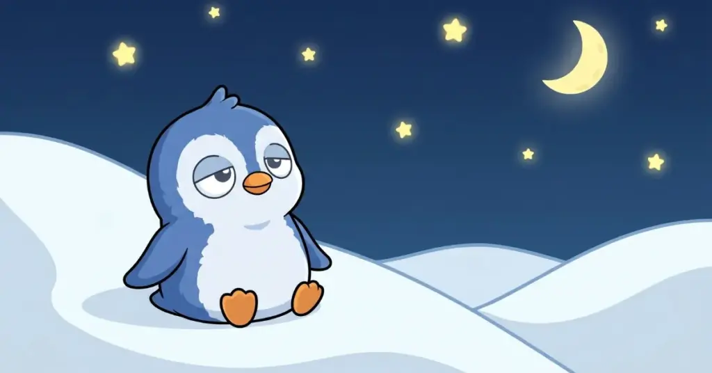 pinguim sentado na neve olhando estrelas e lua noite geladinha tranquila e história infantil calma para relaxar antes de dormir