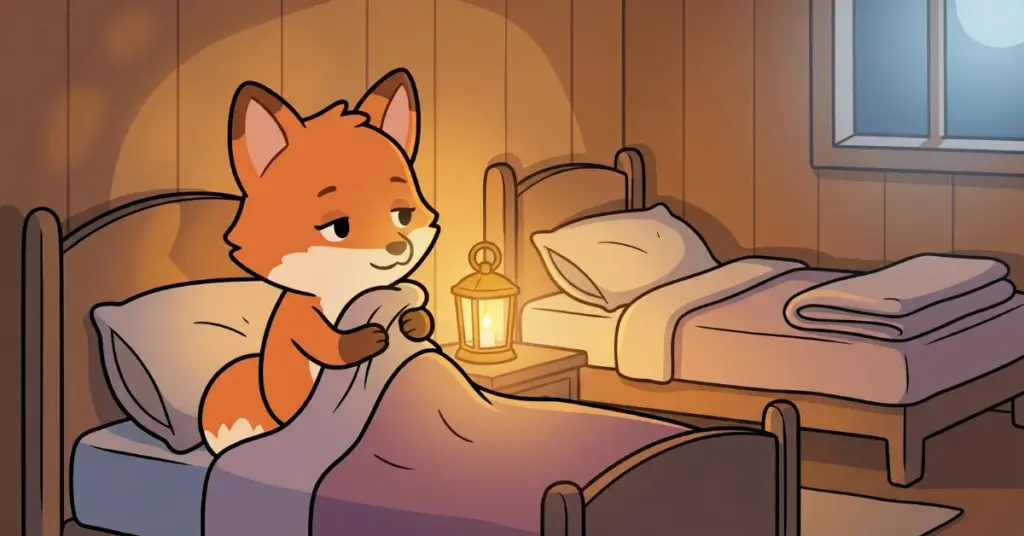Histórias infantis 3 anos raposinha observando lanterninha dourada no quarto aconchegante antes de dormir luz suave deixando o ambiente calmo e acolhedor para crianças pequenas